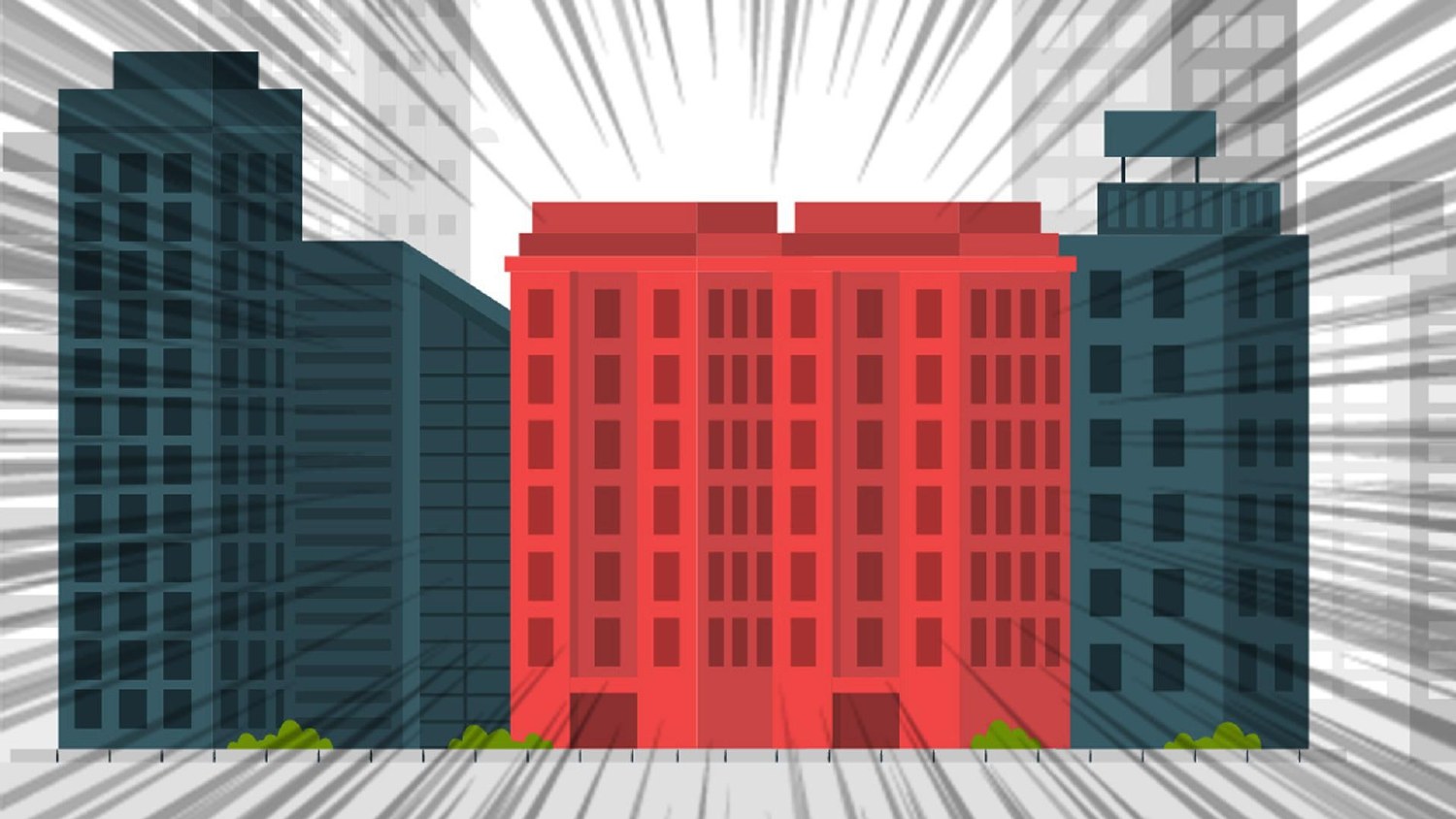 Illustrated storyboard frame: push-in on the red building with speed lines radiating from the centre